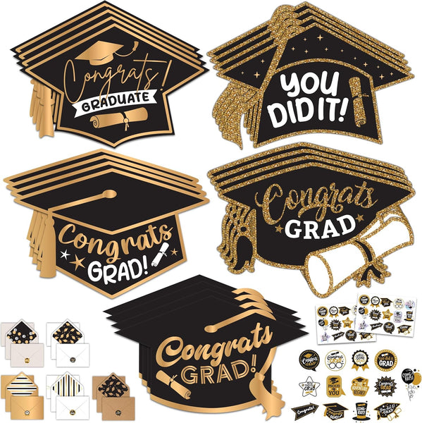 20 Pack Postcard-Style Gold Foiled and Glittery 6.5x4.5in Graduation Cards Pack with Envelopes and Stickers