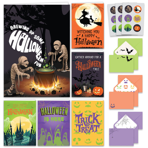 Decorably 18 Pack 5x7in Happy Halloween Cards and Envelopes and Stickers, 6 Adorable Designs Halloween Card Pack with Printed Message Inside