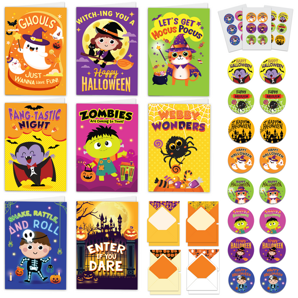 Decorably 16 Pack 5x7in Kid Halloween Cards and Envelopes and Stickers, 8 Charming Designs Halloween Cards for Kids, with Printed Message Insid
