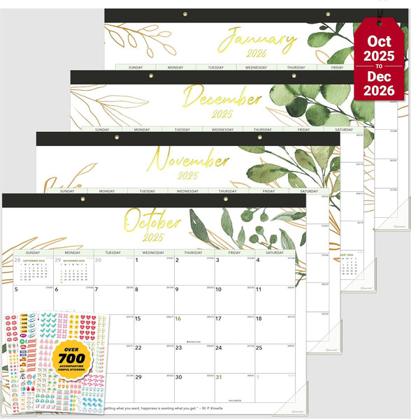 Decorably 18 Months Gold Foiled Greenery Aesthetic Desk Calendar 2025-2026 July 2025 to December 2026, 17x11in Easy-Tear-Off Desktop Calendar with Inspirational Quotes and Stickers for Office and Home