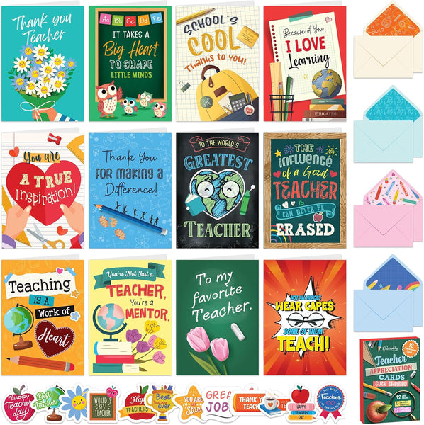 12 Pack 5x7in Teacher Appreciation Cards with Envelopes and Stickers