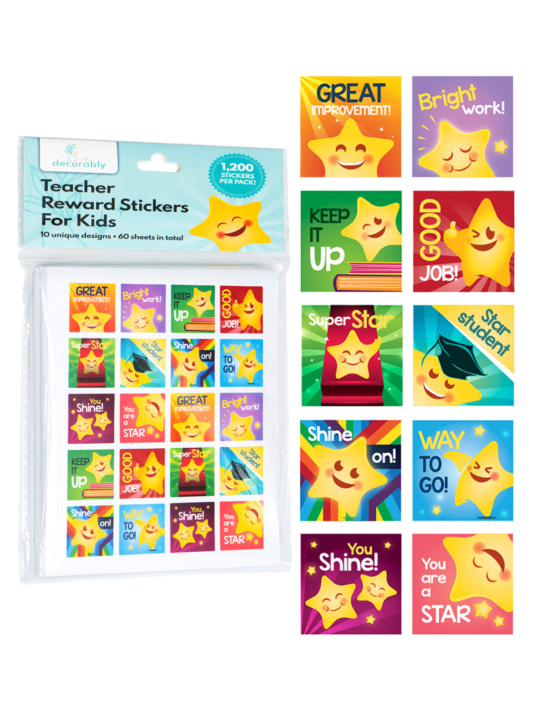 Decorably 1200 Teacher Stickers for Students - 60 Sheets Good Job Stickers  for Kids, Star Stickers for Teachers Elementary, School Stickers Good Job